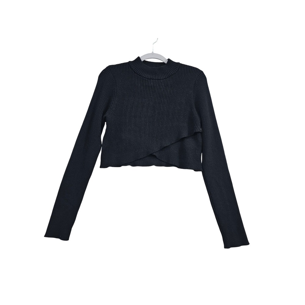 Joie Ribbed Crop Sweater Womens L Black Solid Wrap Front Mock Neck Long Sleeve